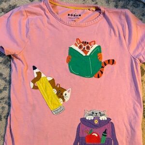 Boden Pink Short-Sleeve Tee with Embroidered School Cats